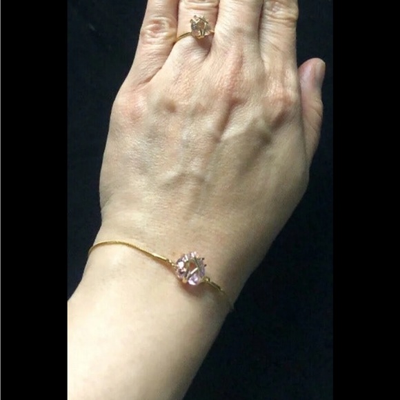 Women Gold Plated Pink Stone Heart Necklace Bracelet Ring Set Jewelry. - Picture 4 of 7